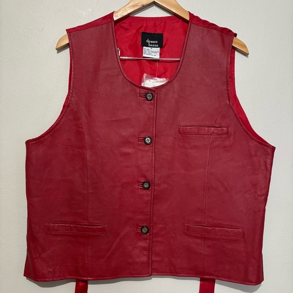 dennis basso Jackets & Blazers - Dennis Basso Red Leather Tuxedo Vest Pockets Size 1X nwt VTG Deadstock